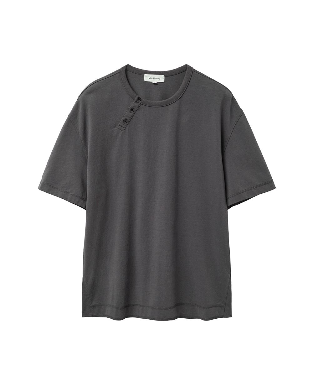 Diagonal henley neck short sleeve CHARCOAL