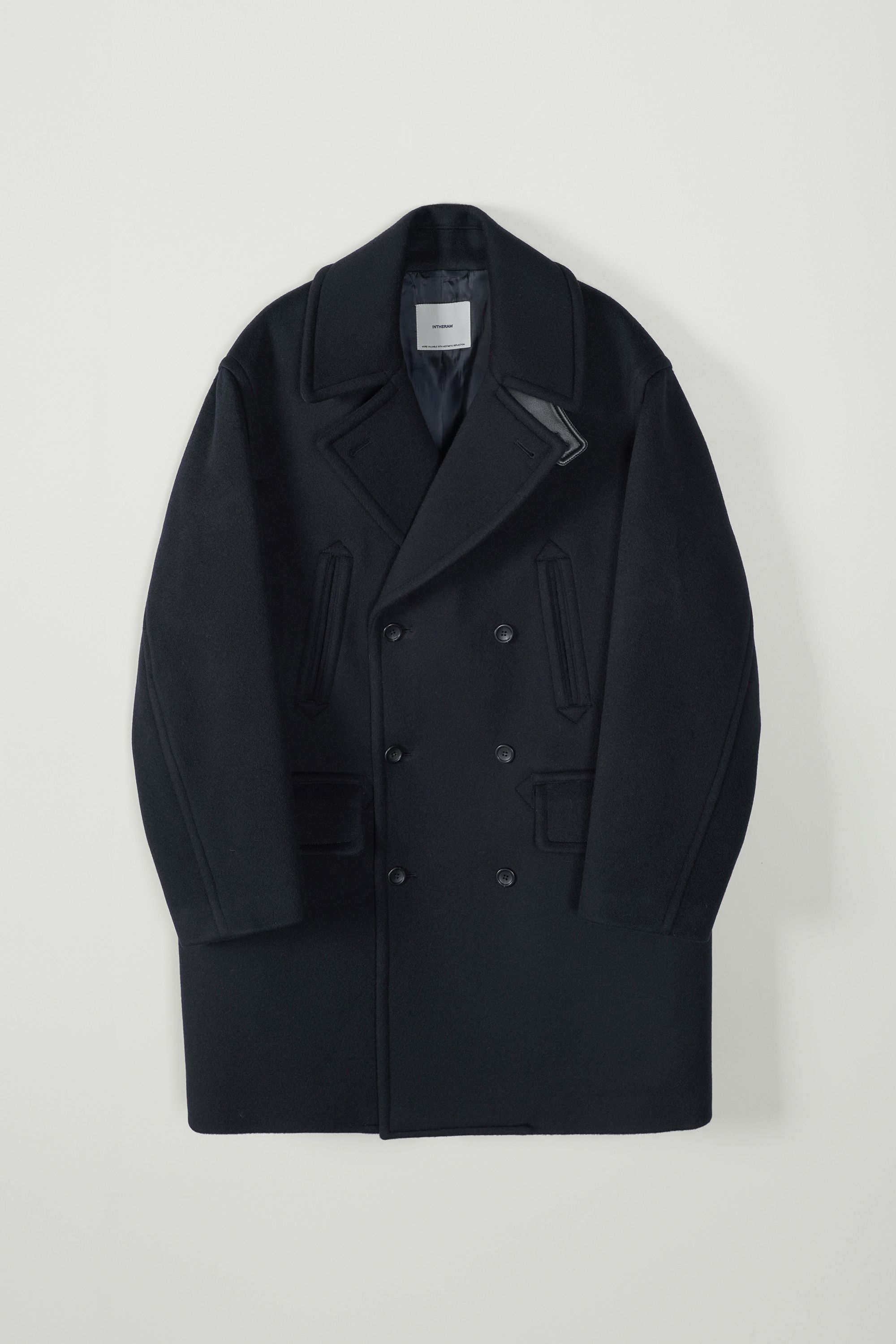 WOOL CASHMERE LEATHER PEA COAT - DEEP NAVY