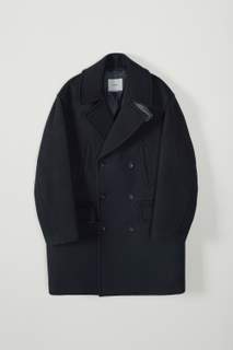 WOOL CASHMERE LEATHER PEA COAT - DEEP NAVY