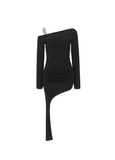 CURVED HEM MINI DRESS, BLACK